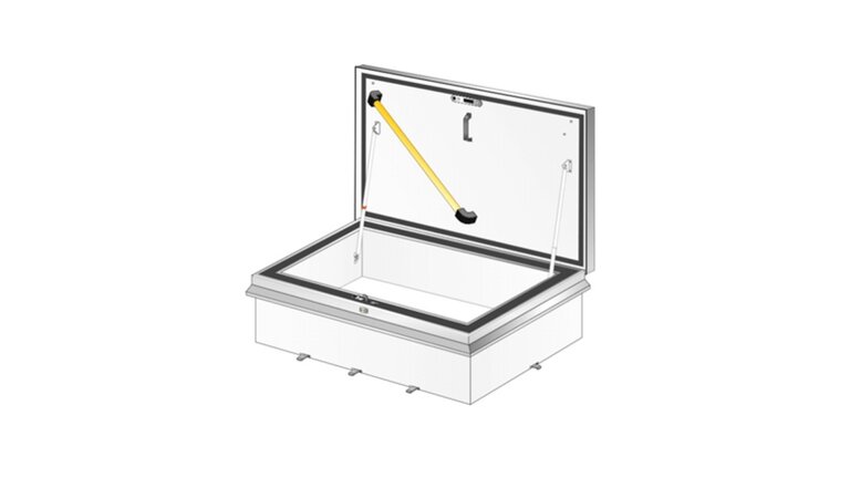 Rechteckige Dachluke mit Gasdruckfeder.